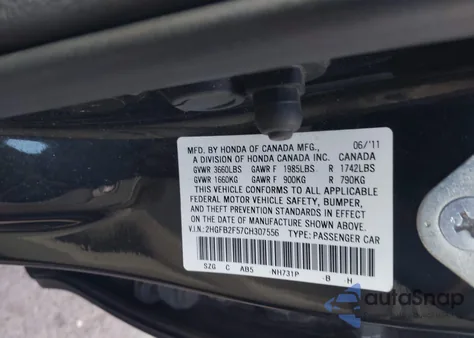 2012 Honda Civic Lx из США, поврежденный, VIN 2HGFB2F57CH307556